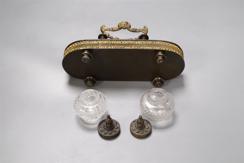 A 19th century French bronze and cut glass inkstand, length 19cm